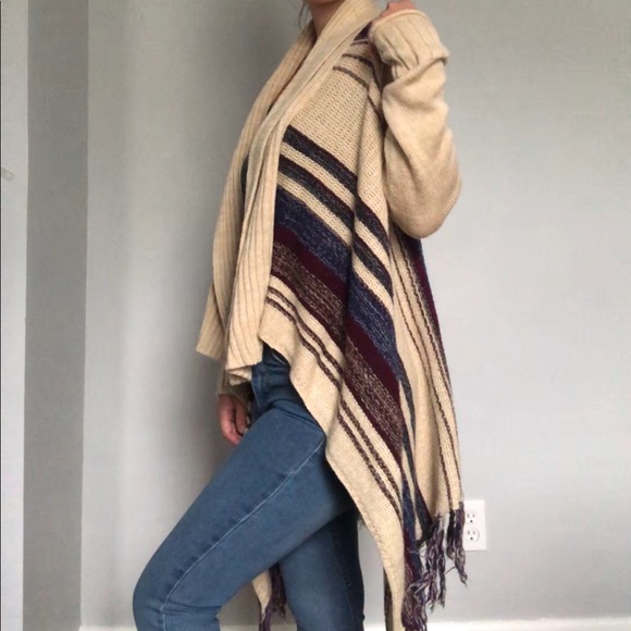 Quinn chunky stripped fringe high low cardigan L - Picture 2 of 5